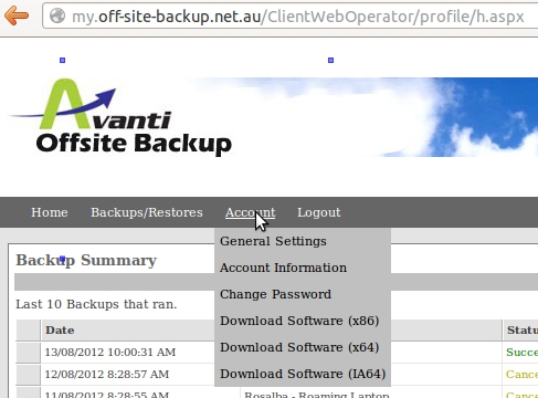 Offsite Backup Web Site Account Menu